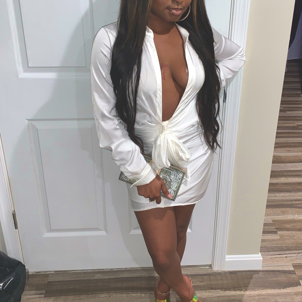 White Deep V-neck Dress